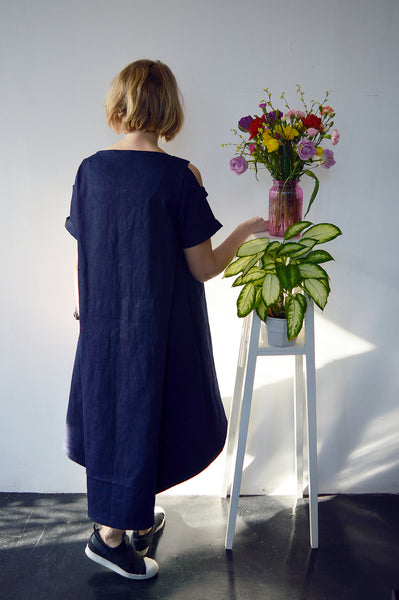 Fresh and New Spring Summer 2018 Dark Blue Statement Denim Dress and Contrast Pockets and Naked Shoulder Detail.