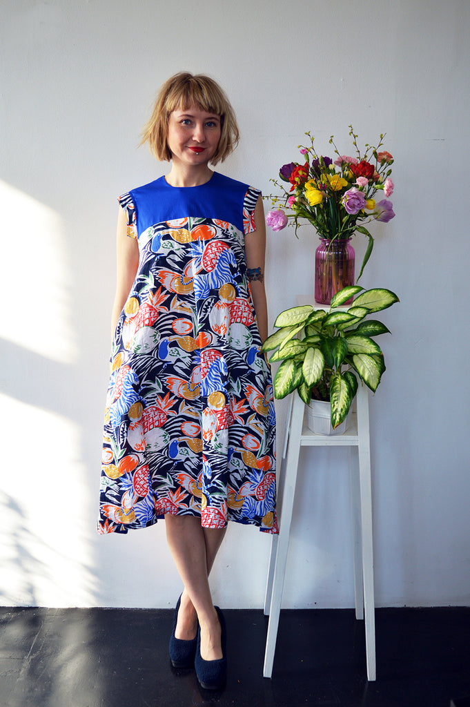 Short Sleeve Jungle Print Summer Linen Dress with Indigo Details