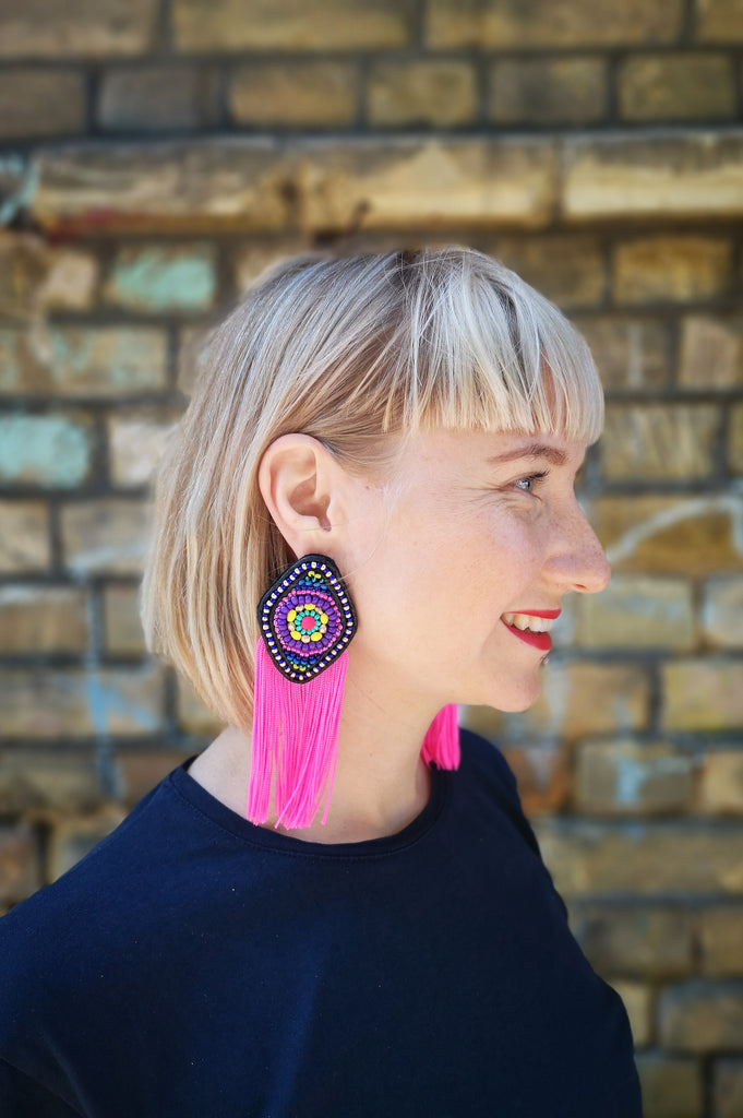 Colorful and super bright South America inspired Rhombus Earrings with Neon Pink Fringe