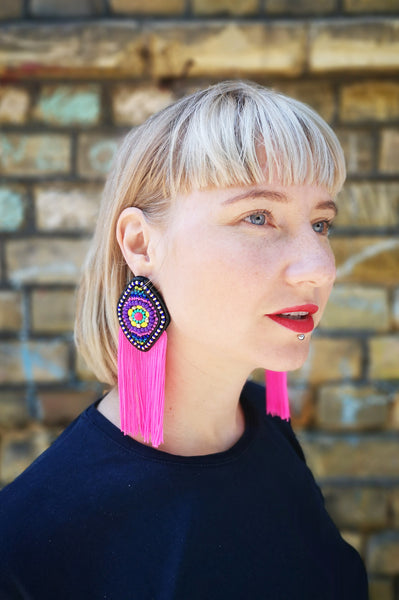 Colorful and super bright South America inspired Rhombus Earrings with Neon Pink Fringe