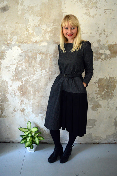 Winter Dress from Heavy Cotton Fine Checked Fabric and Black Asymetrical Pleated Detail