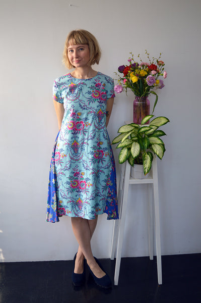 Fresh and New Spring Summer 2018 Fun and Unique Dress in Super Colorful Patterned Print Cotton with Patterned Side Wedge