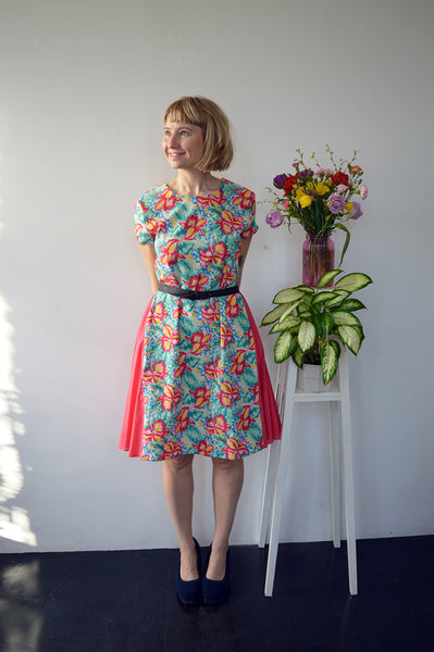 Fresh and New Spring Summer 2018 Fun and Elegant Dress in Super Colorful Tropical Print Cotton with Coral Orange Side Wedge