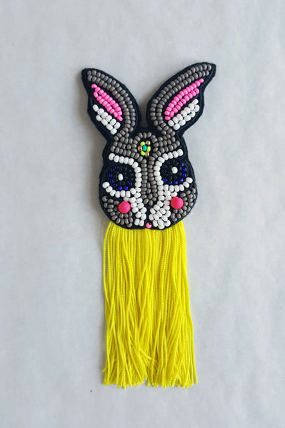 Colorful and Fun Beaded Pin with Bright Leon Yellow Fringe - "Rabbit Loves Colors"