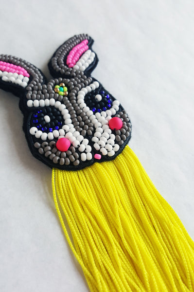 Colorful and Fun Beaded Pin with Bright Leon Yellow Fringe - "Rabbit Loves Colors"