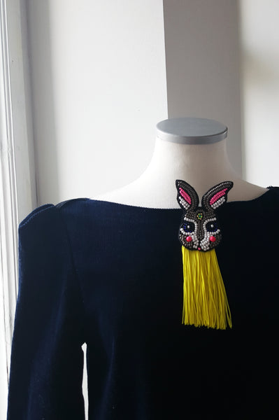 Colorful and Fun Beaded Pin with Bright Leon Yellow Fringe - "Rabbit Loves Colors"