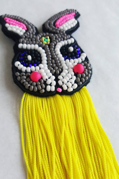 Colorful and Fun Beaded Pin with Bright Leon Yellow Fringe - "Rabbit Loves Colors"