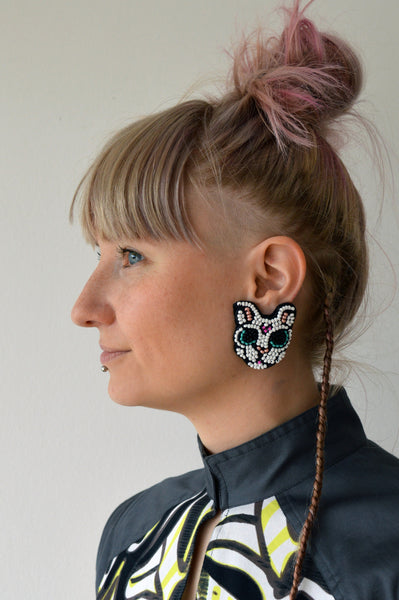 White cat earrings