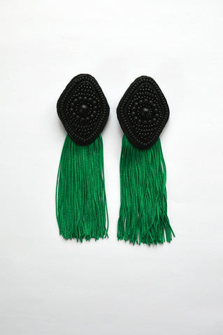 Black rhombus earrings with green fringe