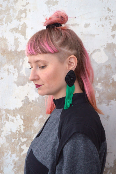 Black rhombus earrings with green fringe
