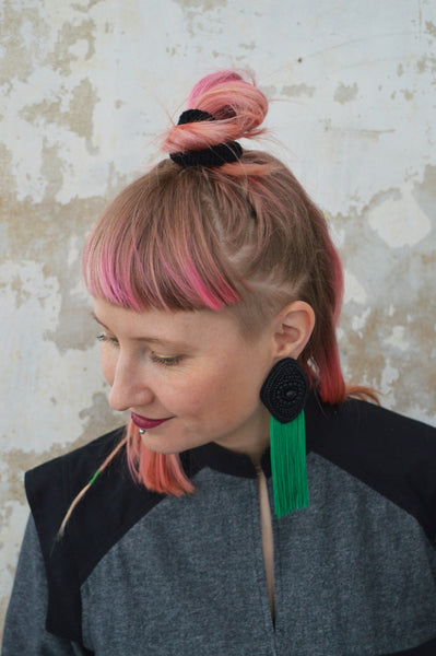 Black rhombus earrings with green fringe