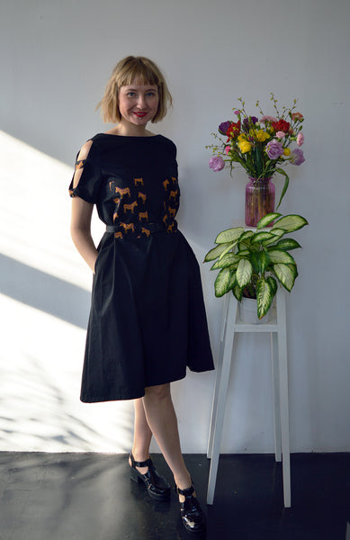 Fresh and New Spring Summer 2018 Black Cotton Dress with Contrast Pockets and Naked Shoulder Detail.
