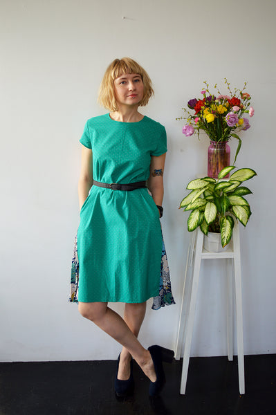 Fresh and New Spring Summer 2018 Fun Cotton Dress in Green color with Patterned Side Wedge